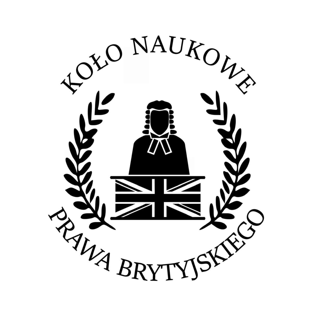 Logo przedstawiające sędziego zasiadającego za biurkiem z flagą Wielkiej Brytanii