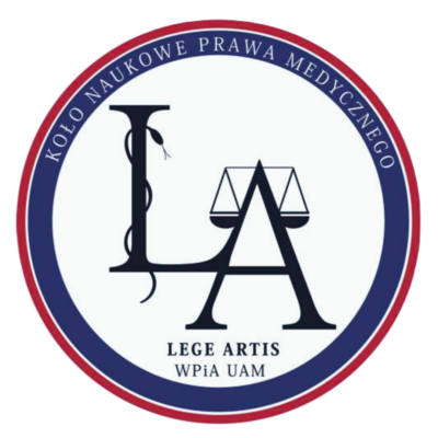 Logo koła naukowego Lege Artis przedstawiające liter L oraz A z tiarą i eskulapem.