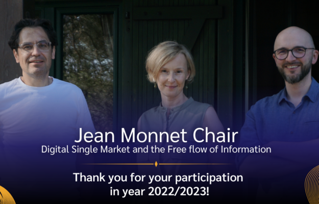 Jean Monnet Chair picture - portraits of three JM professors with a label containing full name of the Chair and a thank you note for the participation in the year 2022/2023