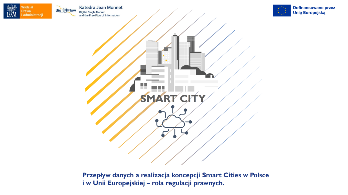 Pierwsza strona prezentacji na temat smart city - grafika obrazująca miasto i symbole projektu