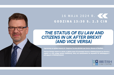 The status of EU law and citizens in the UK after Brexit (and vice versa). – Wykład otwarty prowadzony przez Dr. Stephena Terretta (British Law Centre)