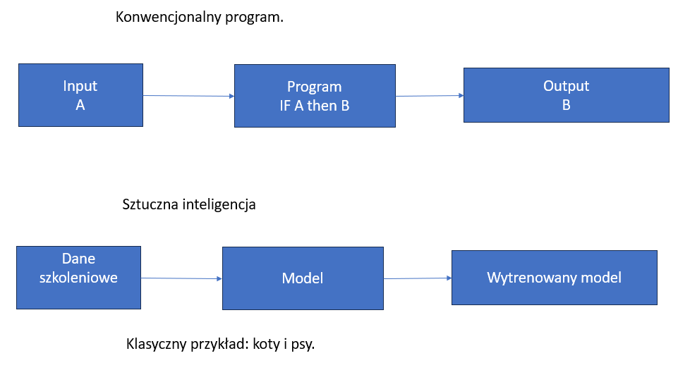 Schemat blokowy wyjaśniający działanie konwencjonalnego programu i sztucznej inteligencji