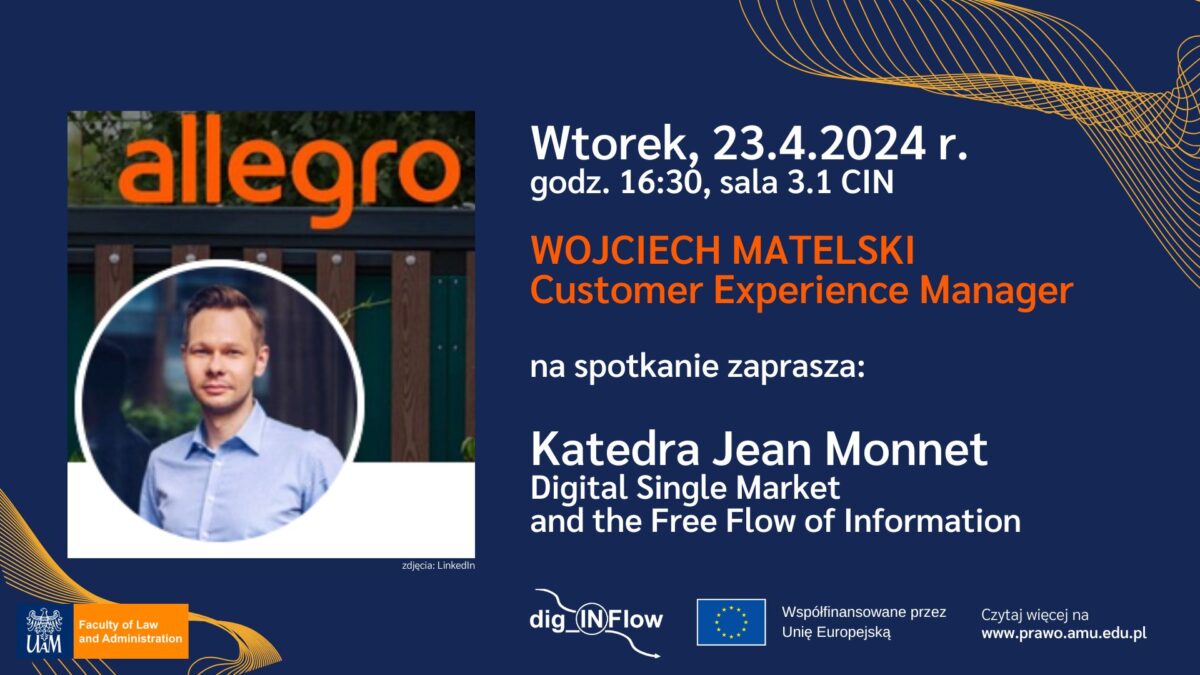 Baner reklamowy spotkania z Wojciechem Matelskim z Allegro zawierający jego zdjęcie i informacje o spotkaniu