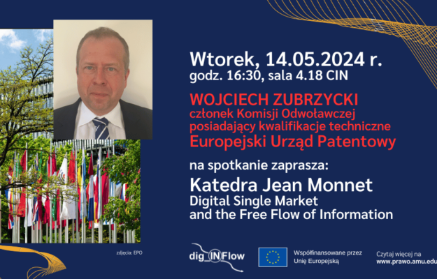 Plakat reklamujący wykład Wojciecha Zubrzyckiego z EPO, zawierający jego fotografię oraz dane o wykładzie